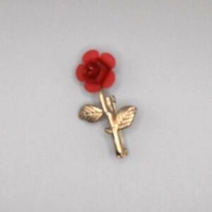 VTG Red Rose Flower Brooch 🌹 Gold Tone Stem Metal Pin 1.75"
